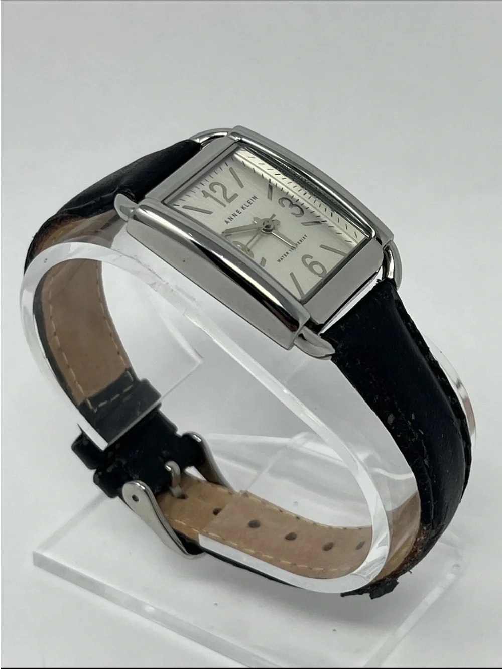 Anne Klein Women’s Watch Y121E 10/9997 Black Leather Silver Dial Tank Ladies